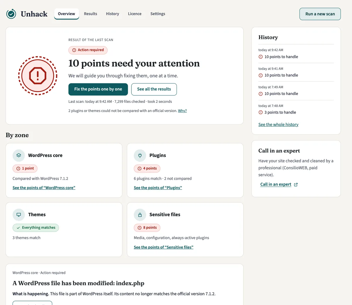 Unhack dashboard: 10 points need your attention, with the Core, Plugins, Themes and Sensitive files zones