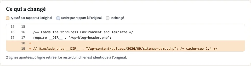 Comparatif lisible : deux lignes ajoutées au fichier index.php, surlignées