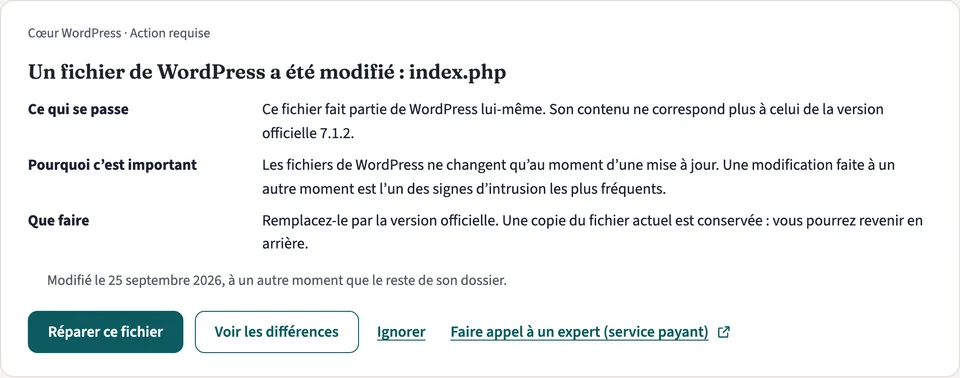 Un constat : un fichier de WordPress a été modifié, avec ce qui se passe, pourquoi c’est important et que faire