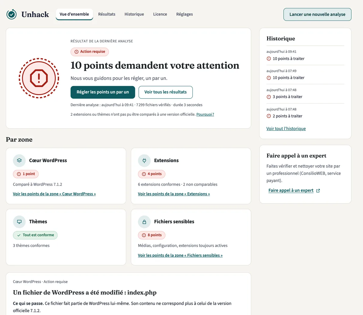 Tableau de bord d’Unhack : 10 points demandent votre attention, avec les zones Cœur, Extensions, Thèmes et Fichiers sensibles
